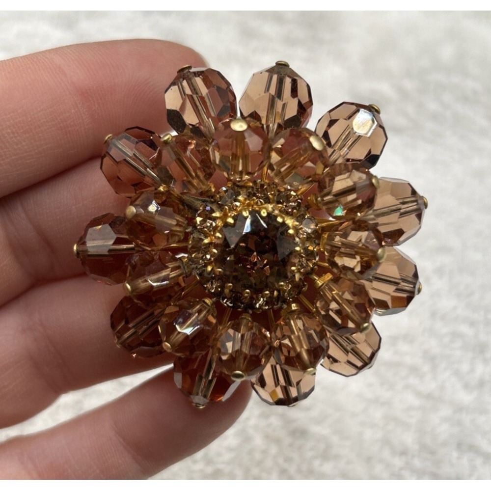 Vintage Austrian Topaz colored Crystal 1.75" Brooch 1930-40s? Aurora Borealis AB